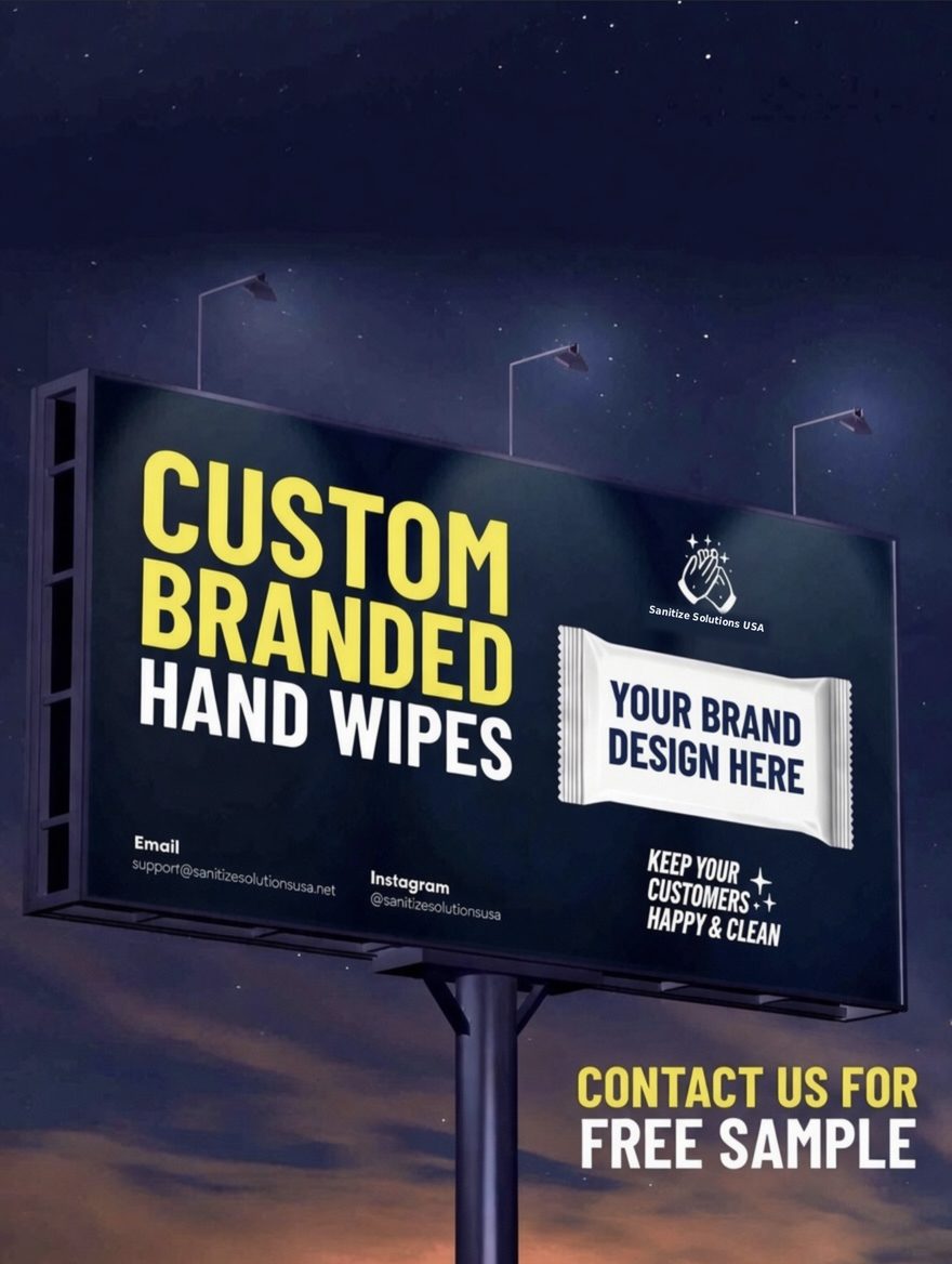 Sanitize Solutions USA billboard: custom branded hand wipes